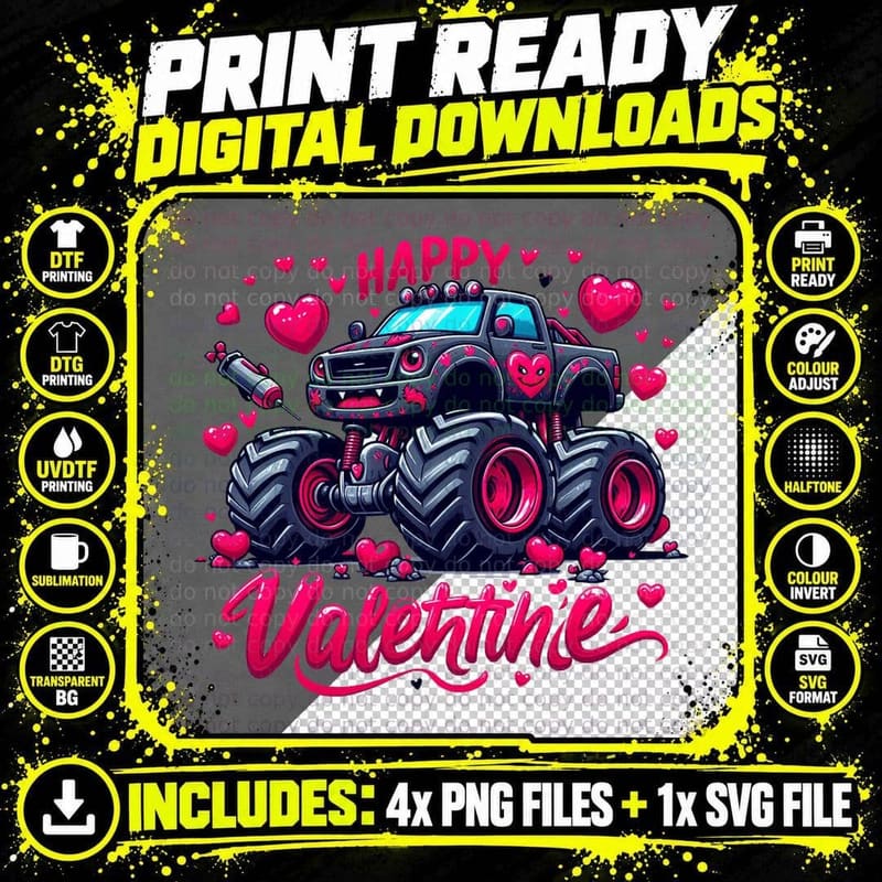 Happy Valentine Monster Truck Hearts T-Shirt Png SVG Digital Bundle