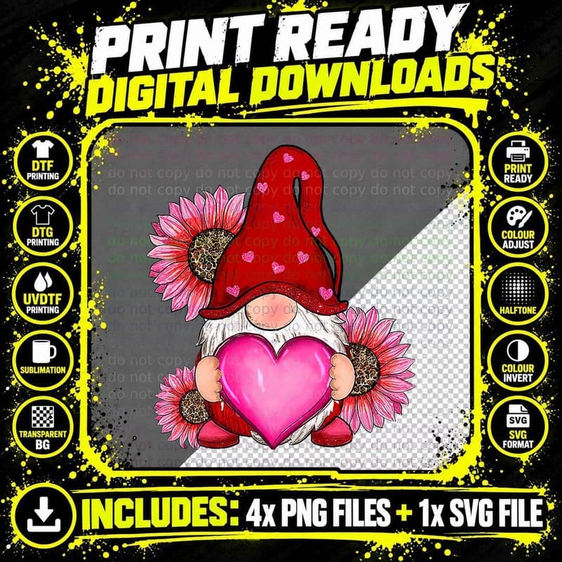 Happy Valentine's Day Gnome with Leopard Sunflower Png SVG Digital Bundle