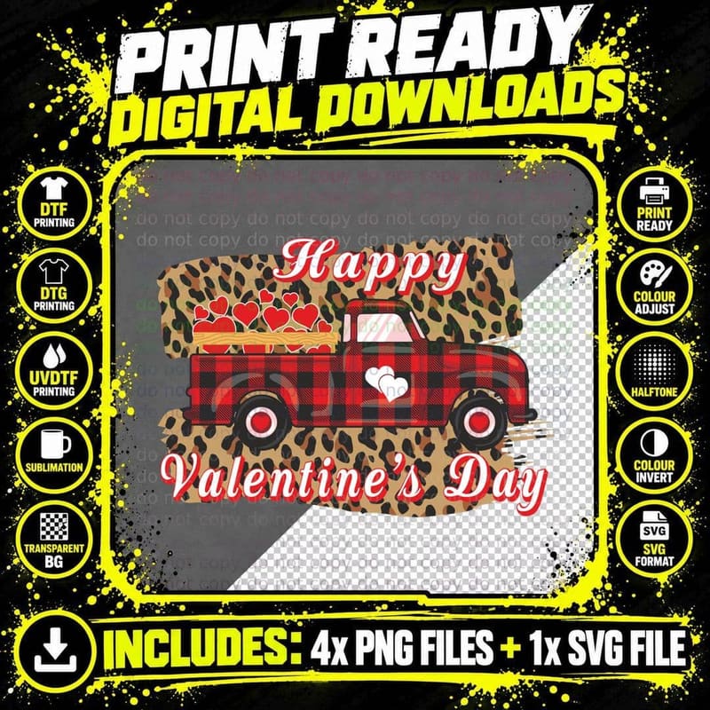 Happy Valentine's Day Red Truck Carrying Hearts Leopard Png SVG Digital Bundle