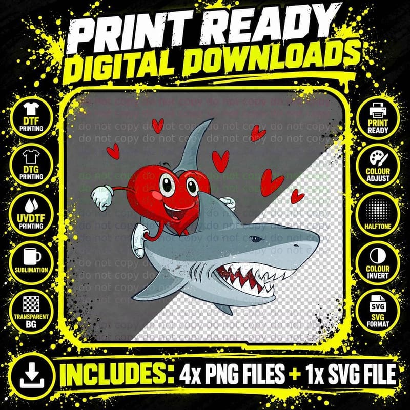 Heart Riding Shark Valentine's Day Funny Sharks Lover Png SVG Digital Bundle