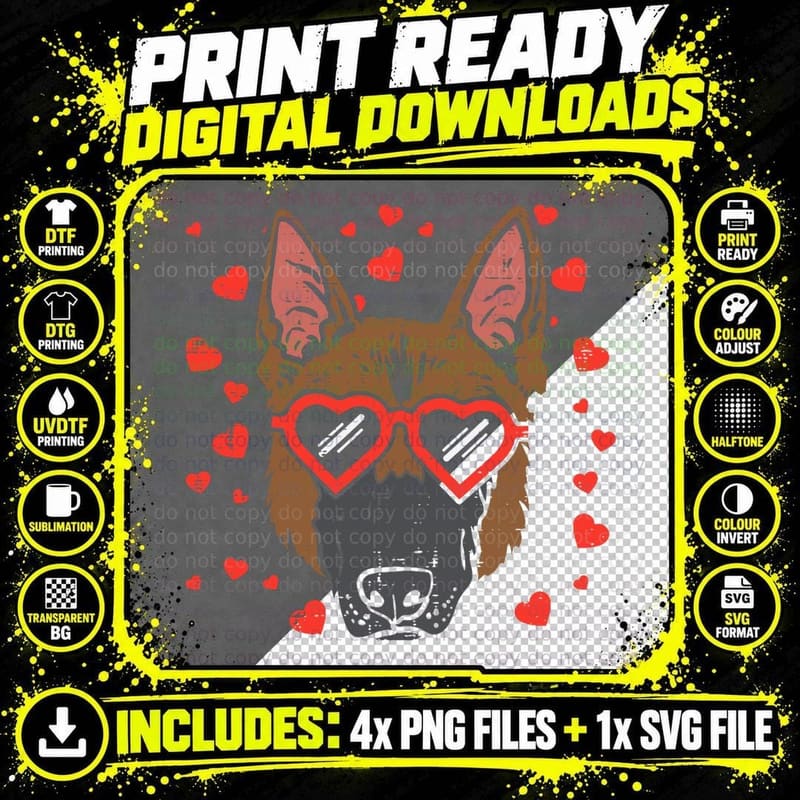 Heart-Shaped Glasses German Shepherd T-Shirt Png SVG Digital Bundle