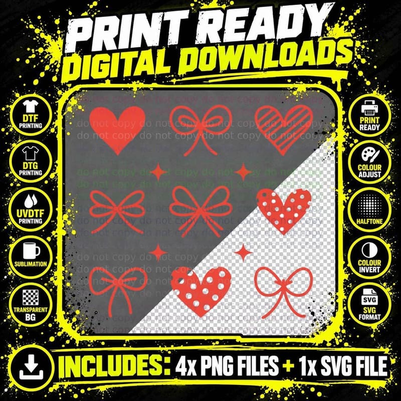 Hearts Bows Pattern Grid Design Valentine T-Shirt Png SVG Digital Bundle