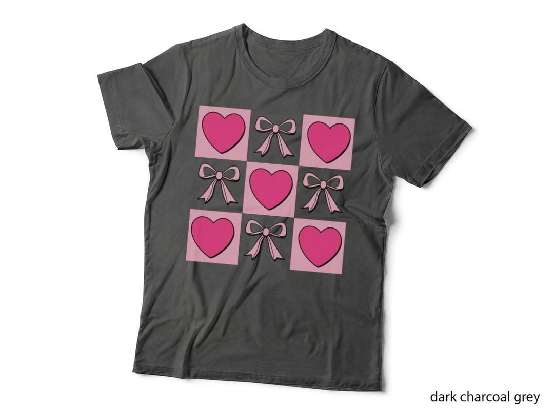 Hearts and Bows Grid Pattern Valentine T-Shirt, Cute Love Graphic Tee