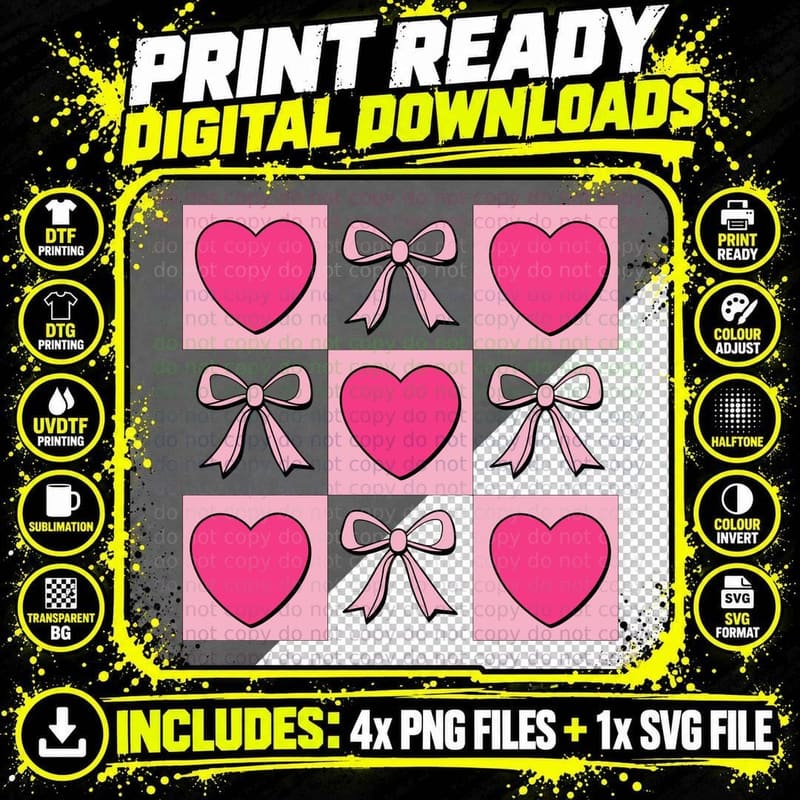 Hearts and Bows Grid Pattern Valentine T-Shirt Png SVG Digital Bundle