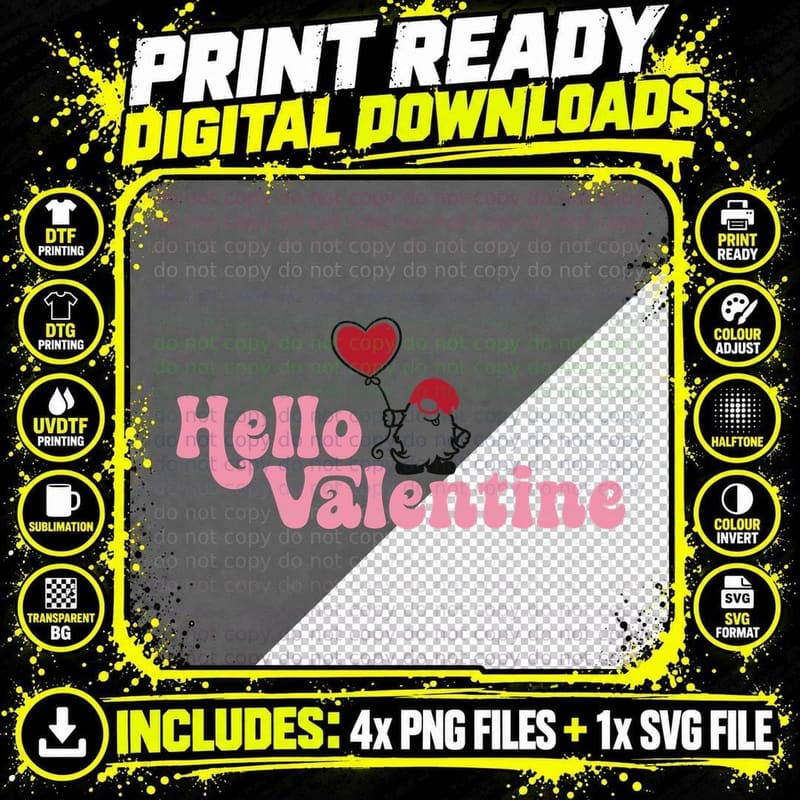 Hello Valentine T-Shirt, Gnome Holding Heart Balloon Png SVG Digital Bundle