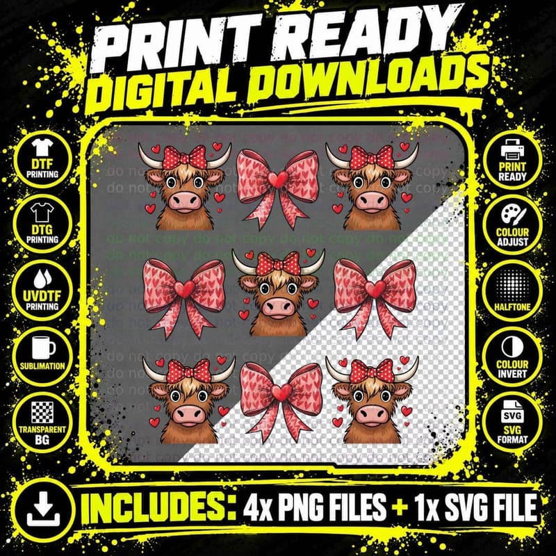 Highland Cattle Ribbon Bows Valentine T-Shirt Png SVG Digital Bundle