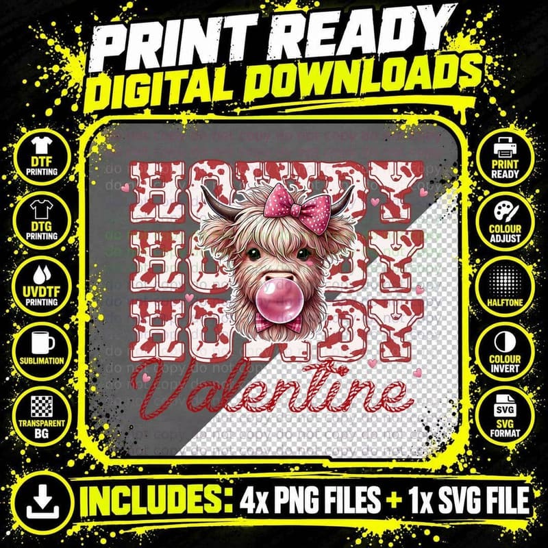 Hoody Valentine Highland Cow T-Shirt Png SVG Digital Bundle