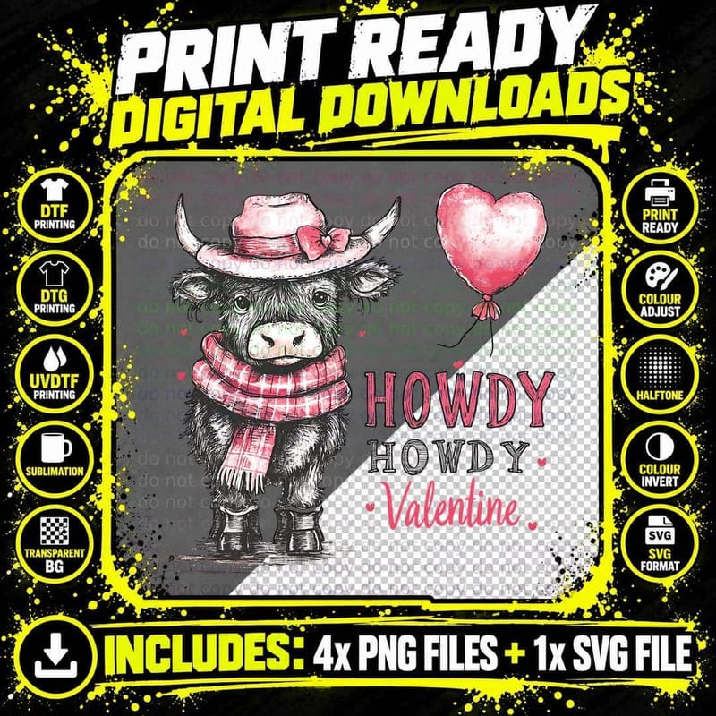 Howdy Valentine Highland Cow T-Shirt Png SVG Digital Bundle