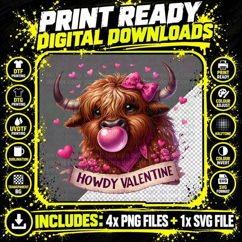 Howdy Valentine Highland Cow T-Shirt Png SVG Digital Bundle