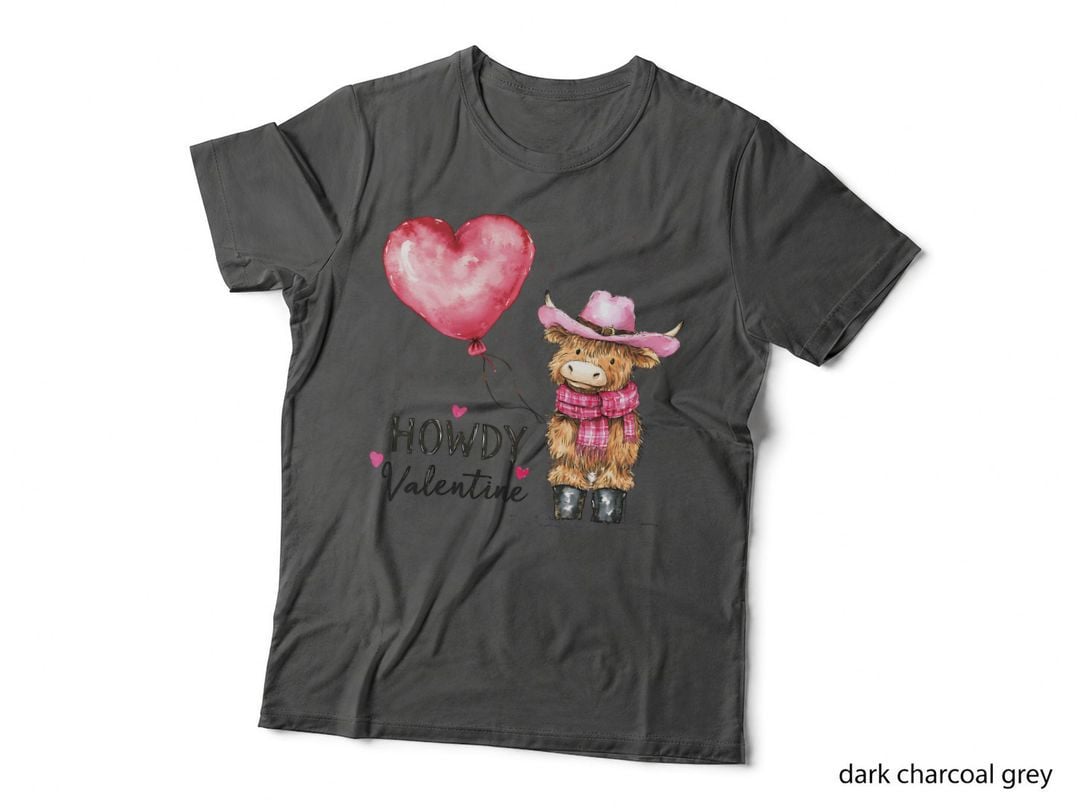 Howdy Valentine Highland Cow T-Shirt, Highland Cow Holding Heart Balloon