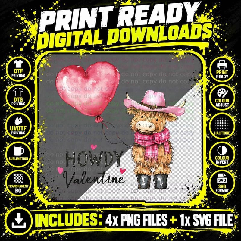 Howdy Valentine Highland Cow T-Shirt Png SVG Digital Bundle