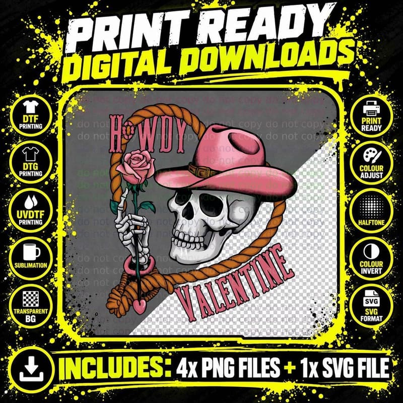 Howdy Valentine Western T-Shirt, Skull in Cowboy Hat Png SVG Digital Bundle