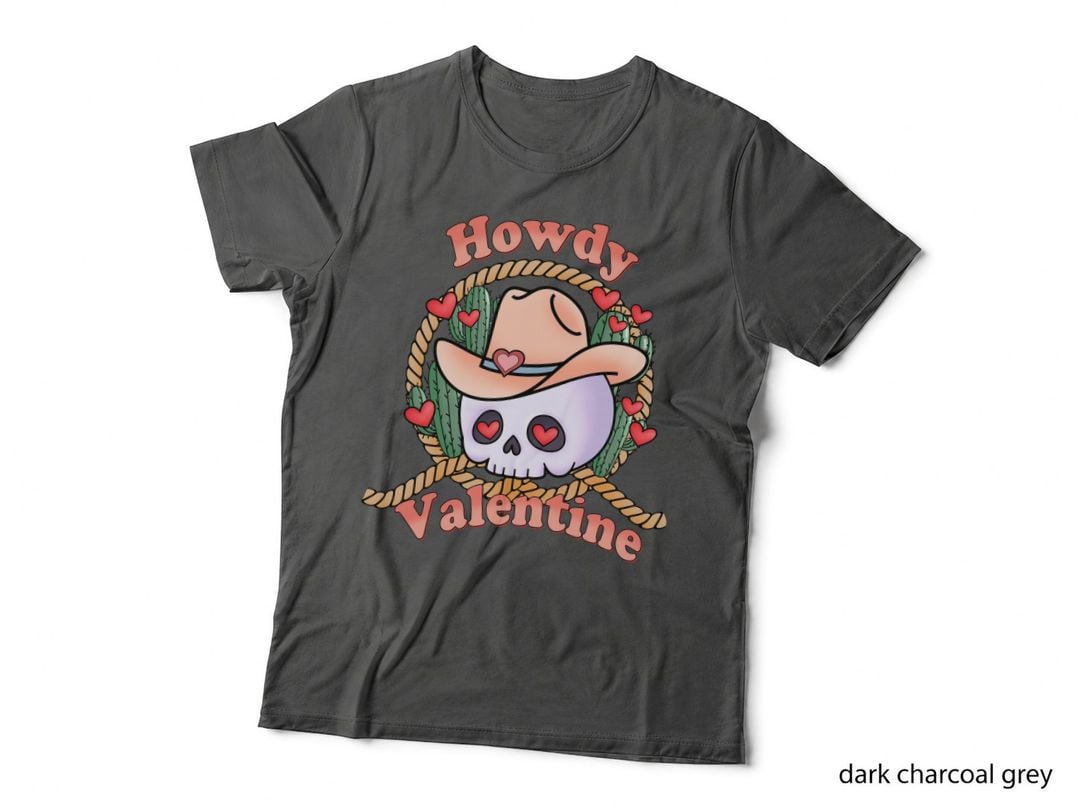 Howdy Valentine Western T-Shirt, Skull in Cowboy Hat with Hearts Graphic Tee