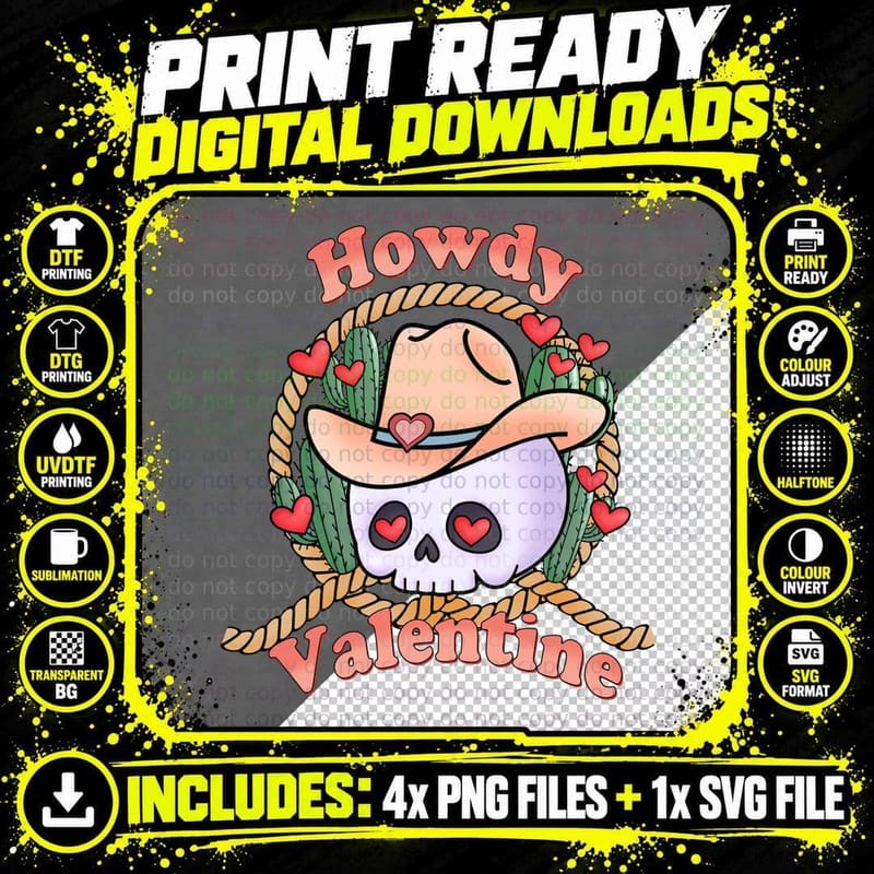 Howdy Valentine Western T-Shirt, Skull in Cowboy Hat Png SVG Digital Bundle