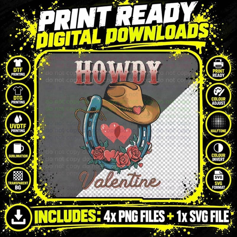 Howdy Western T-Shirt, Cowboy Valentine Hearts Roses Png SVG Digital Bundle