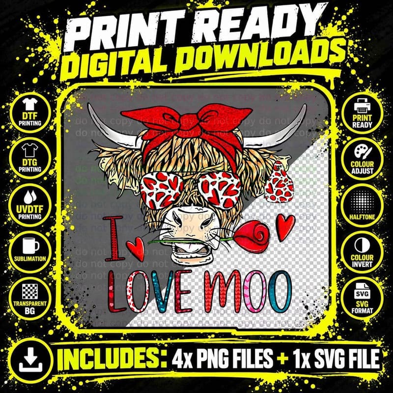 I Love Moo Cow - Funny Cattle Quote Valentine's Day Png SVG Digital Bundle