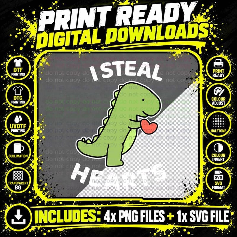 I Steal Hearts T-Rex Dinosaur Valentine's Day T-Shirt Png SVG Digital Bundle