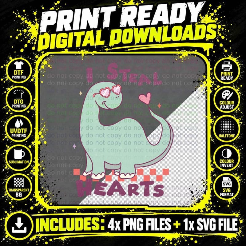 I Steal Hearts Valentine T-Shirt, Mint Dinosaur with Png SVG Digital Bundle