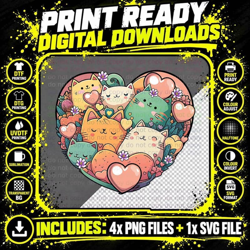 Kawaii Anime Cat Valentine's Day Heart Shaped Graphic Png SVG Digital Bundle