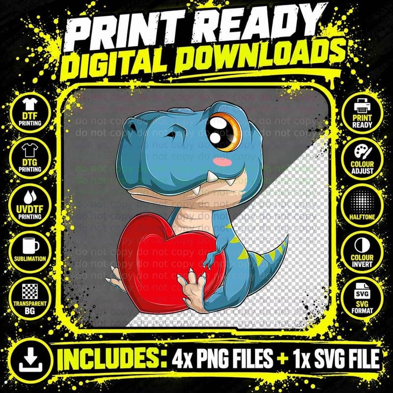Kawaii T Rex Dinosaur St Valentine's Day Teens Girls Png SVG Digital Bundle