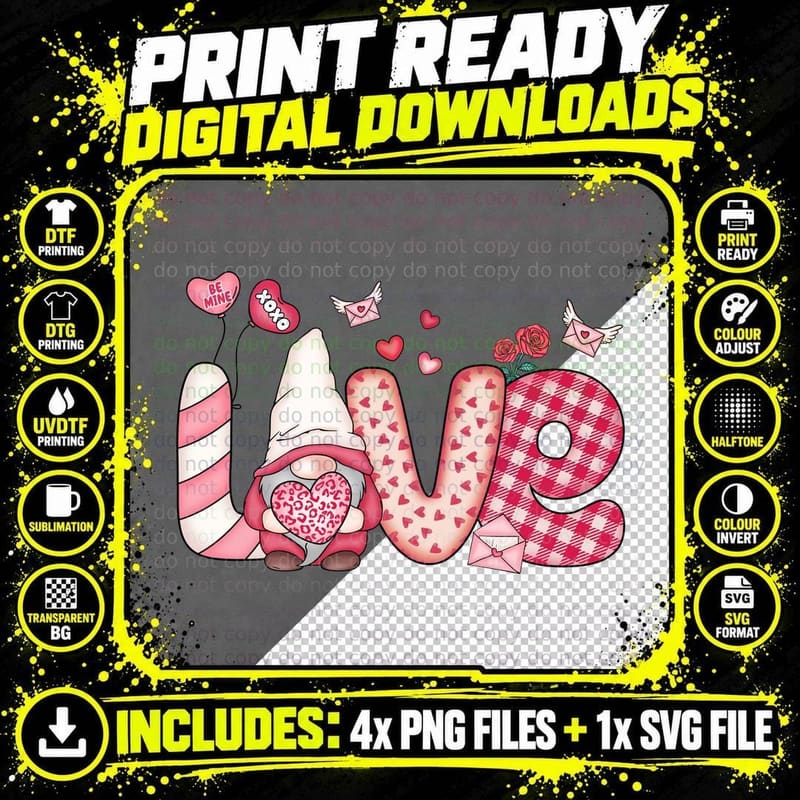 L O V E Valentine T-Shirt, Gnome Love Letters Love Tee Png SVG Digital Bundle