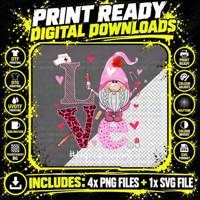 LOVE Nurse Squad Cute Happy Valentine's Day Gnome Lover Png SVG Digital Bundle