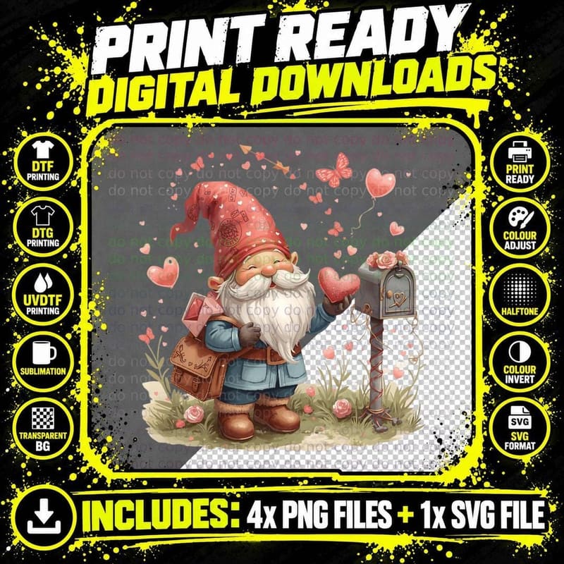 Lantern Gnome with Hearts Valentine T-Shirt Png SVG Digital Bundle