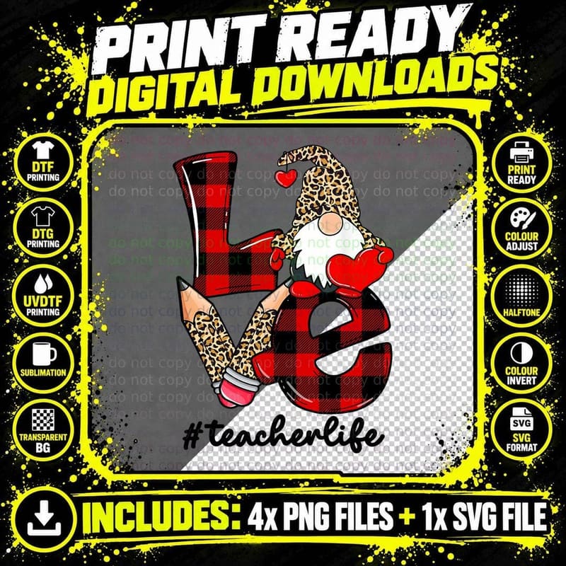 Leopard Gnome Teacher Life Valentine Gifts Teaching Png SVG Digital Bundle