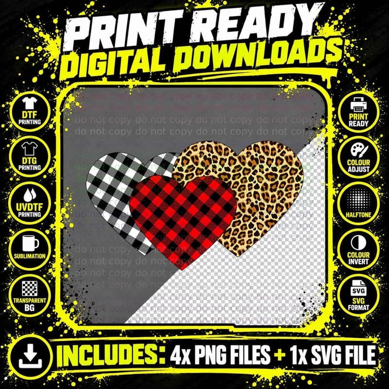 Leopard Heart - Buffalo Plaid Heart Valentine Day T-Shirt Png SVG Digital Bundle