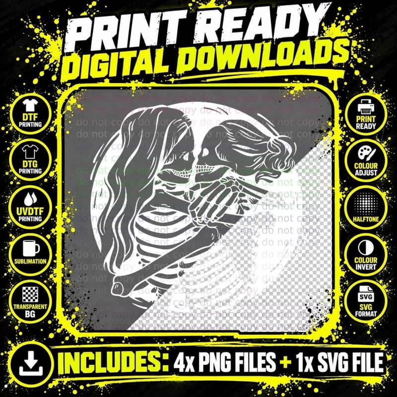 Lesbian Couple LGBTQ Pride Skeletons Kissing Valentine' Png SVG Digital Bundle