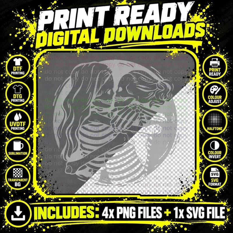 Lesbian Couple LGBTQ Pride Skeletons Kissing Valentine's Png SVG Digital Bundle