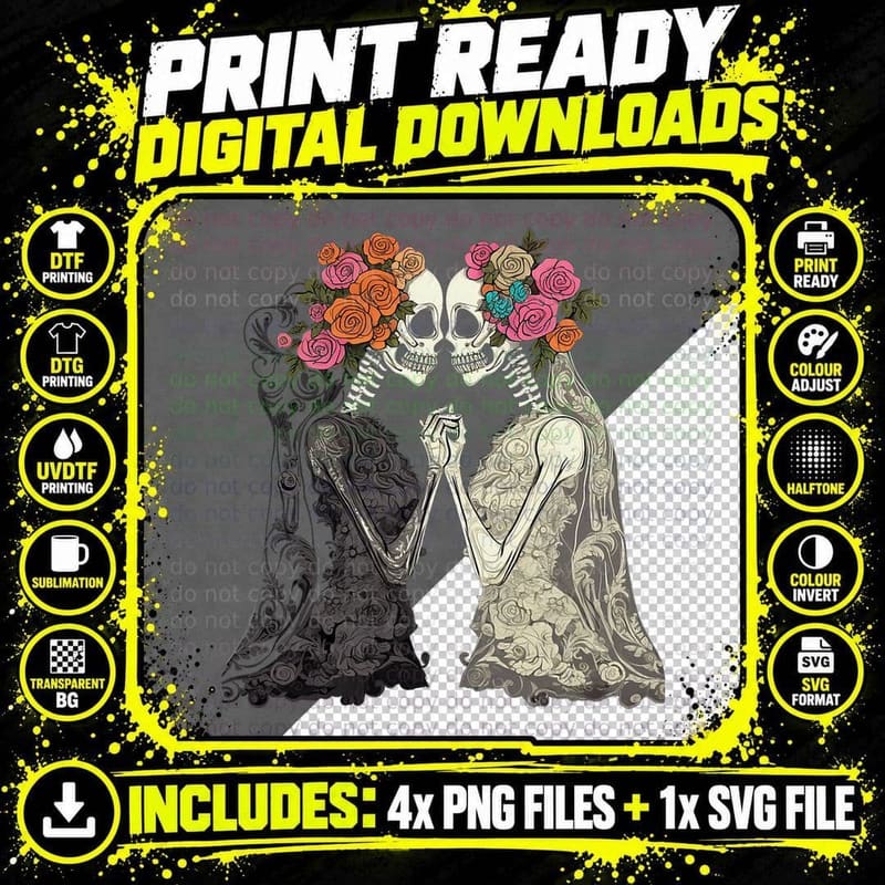 Lesbian Couple Skeletons Kissing LGBTQ Pride Valentine's Png SVG Digital Bundle