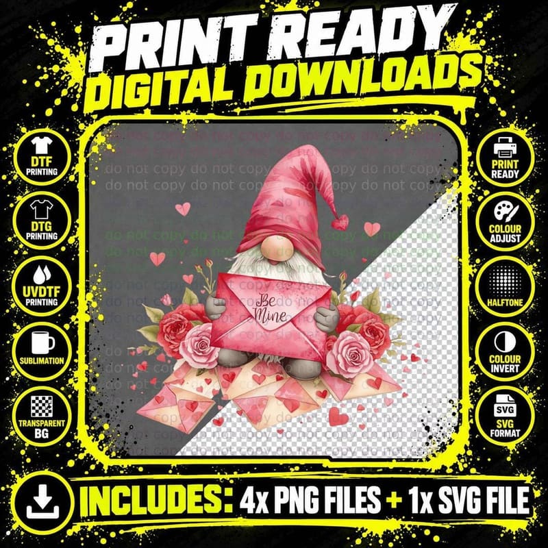 Letter Gnome Be Mine with Love Roses Valentine T-Shirt Png SVG Digital Bundle