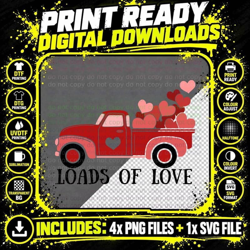 Loads of Love Valentine T-Shirt, Red Truck Hearts Love Png SVG Digital Bundle