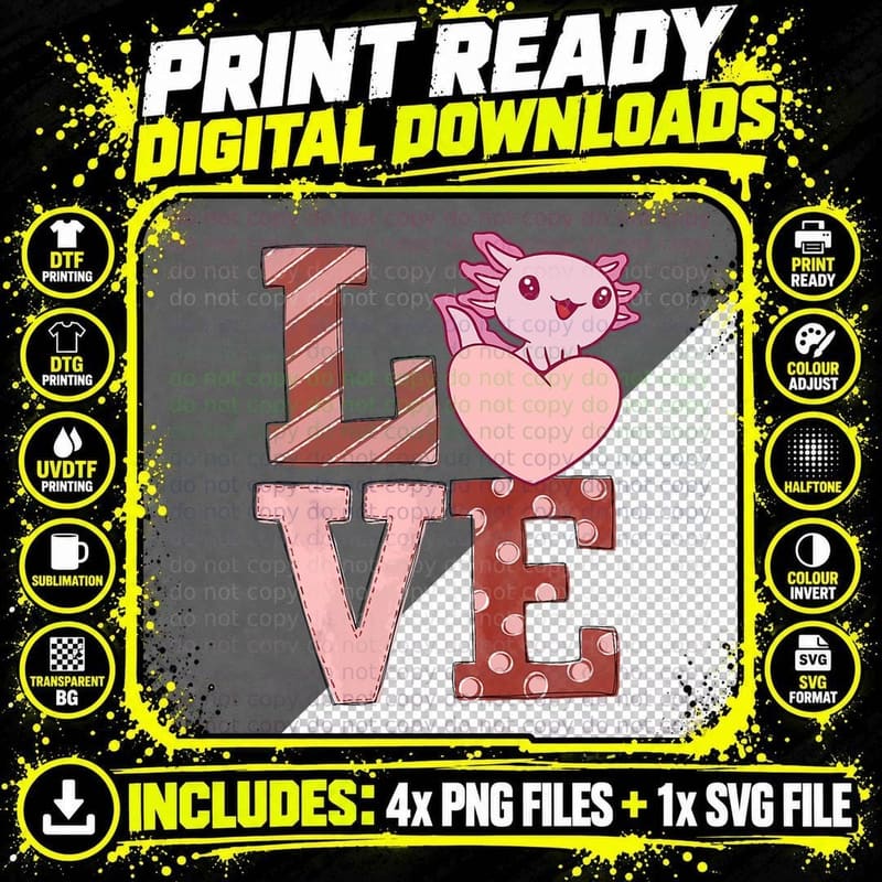 Love Axolotl Pink Heart Valentine's Day Heart Axolotl Png SVG Digital Bundle