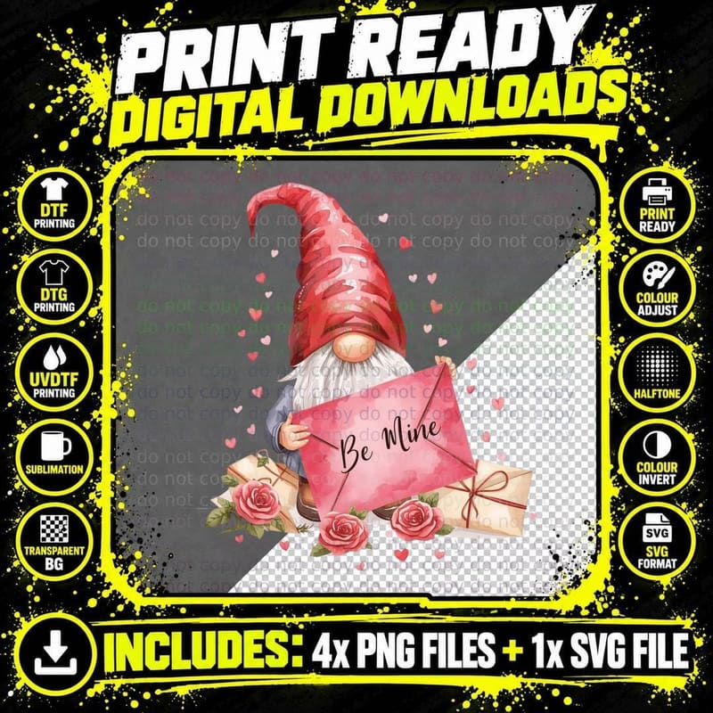 Love Banner Gnome Be Mine with Pink Roses Valentine Png SVG Digital Bundle
