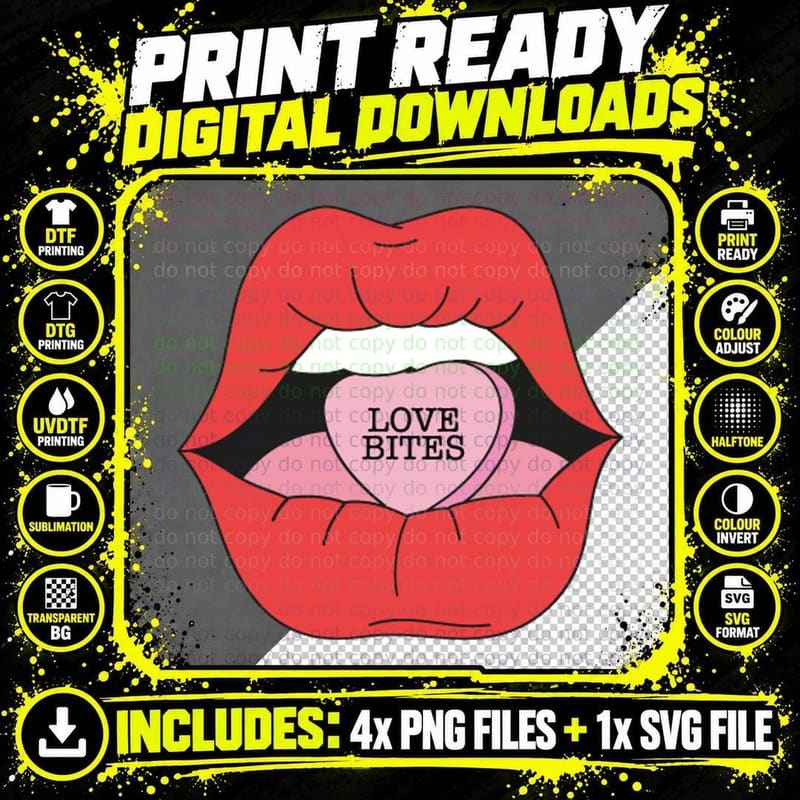 Love Bites Valentine T-Shirt, Lips Holding Heart Candy Png SVG Digital Bundle