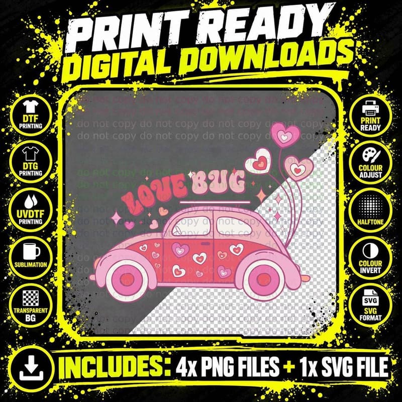 Love Bug Valentine T-Shirt, Pink Car with Heart Design Png SVG Digital Bundle