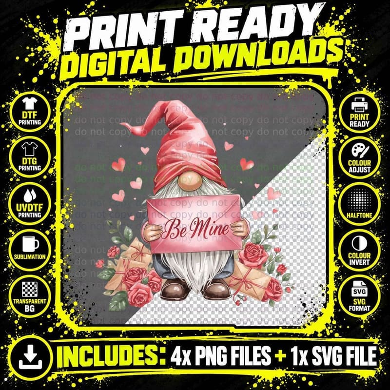 Love Letter Gnome Be Mine with Roses Valentine T-Shirt Png SVG Digital Bundle