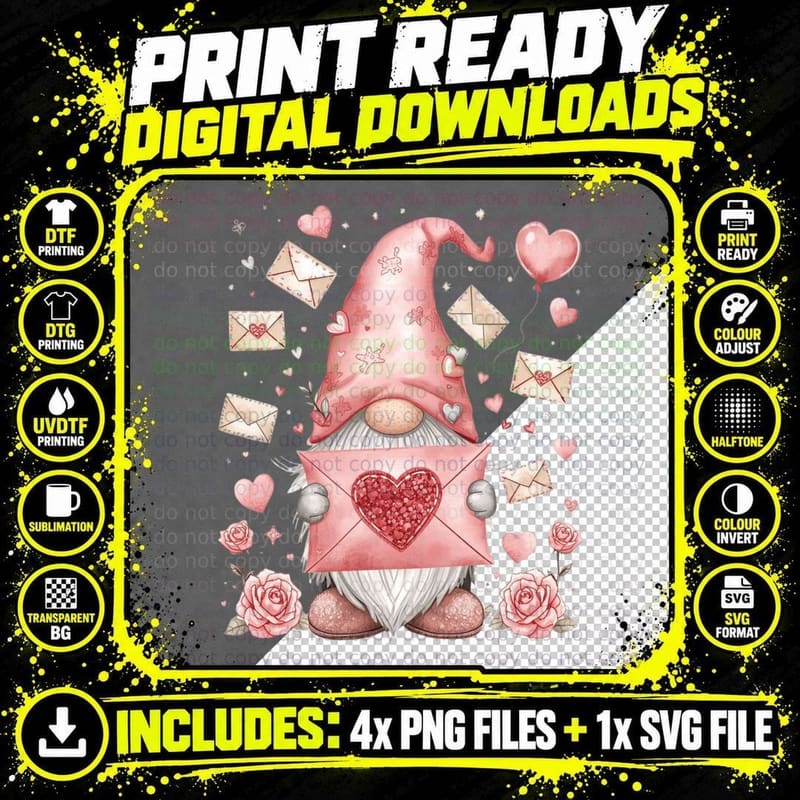 Love Letter Gnome with Letters Hearts Valentine T-Shirt Png SVG Digital Bundle