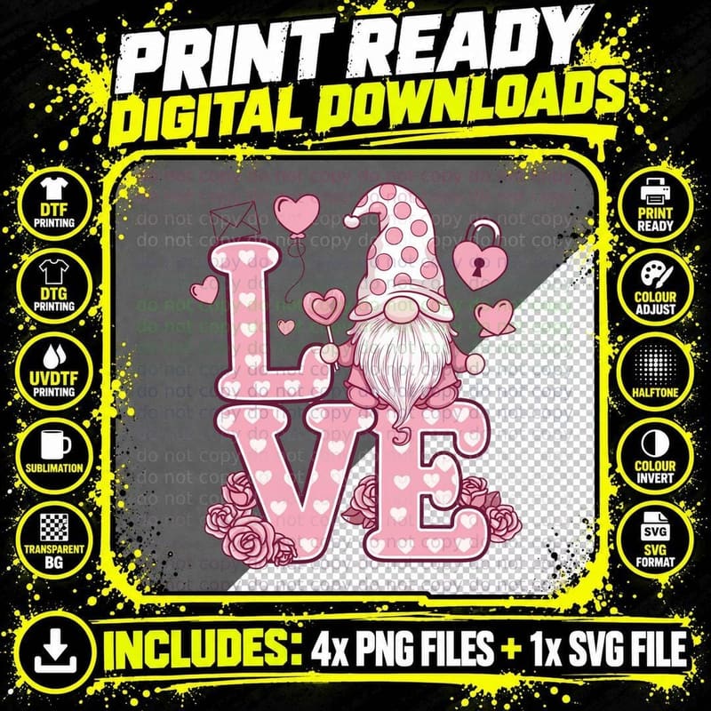 Love Valentine T-Shirt, Gnome Holding Heart with Letters Png SVG Digital Bundle