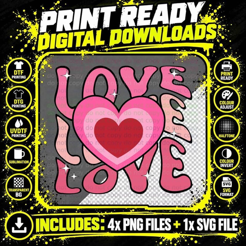 Love Valentine T-Shirt, Multiple Pink Layered Word Png SVG Digital Bundle