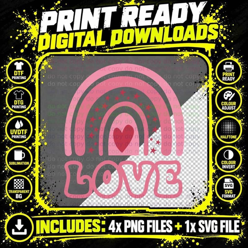 Love Valentine T-Shirt, Rainbow Heart Pink Outline Love Png SVG Digital Bundle