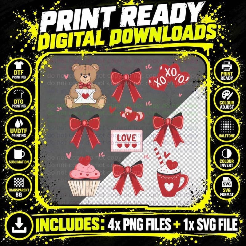 Love Valentine T-Shirt, Teddy Bear Bows Hearts Sign Love Png SVG Digital Bundle
