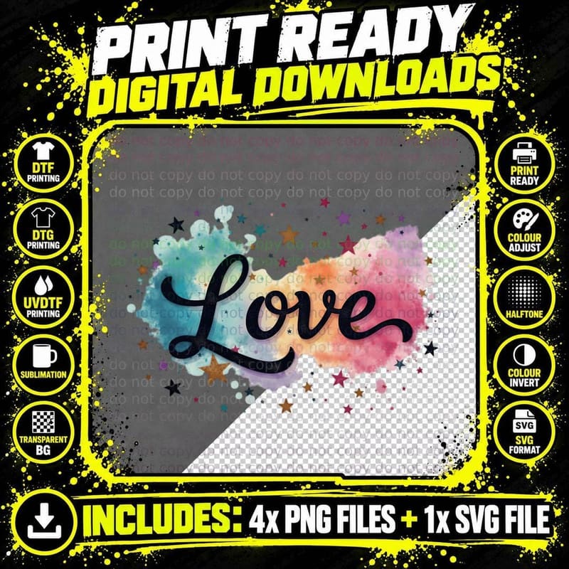 Love Watercolor Splash Script Romantic Heart Valentine's Png SVG Digital Bundle