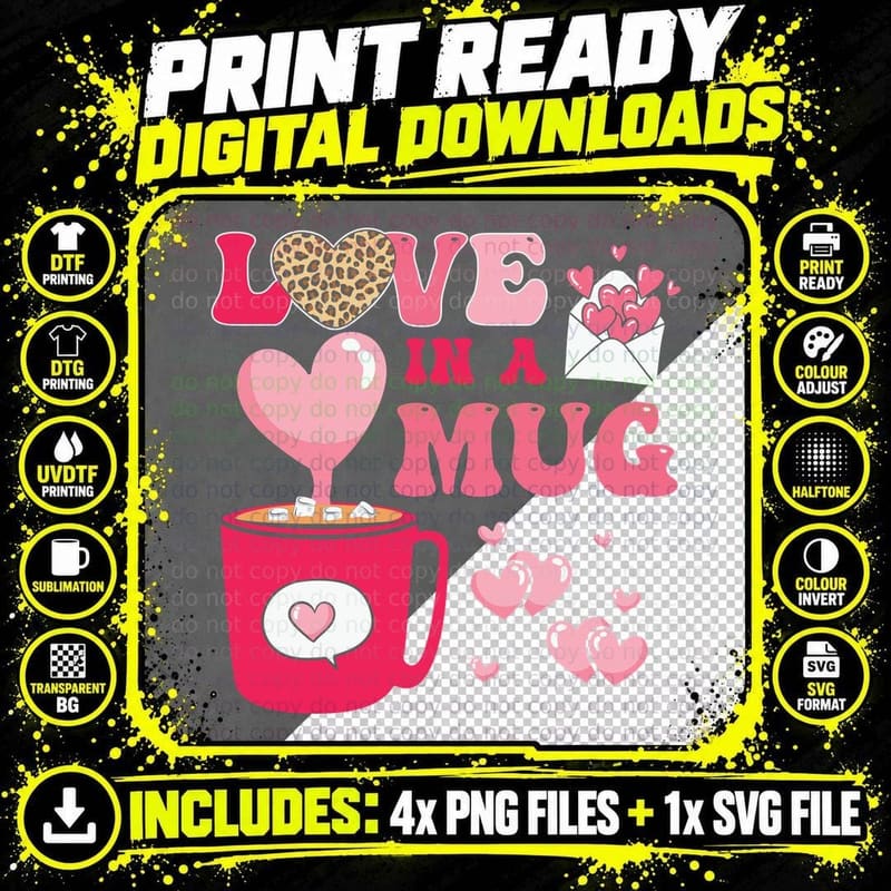 Love in a Mug Valentine T-Shirt, Love Mug Heart Envelope Png SVG Digital Bundle