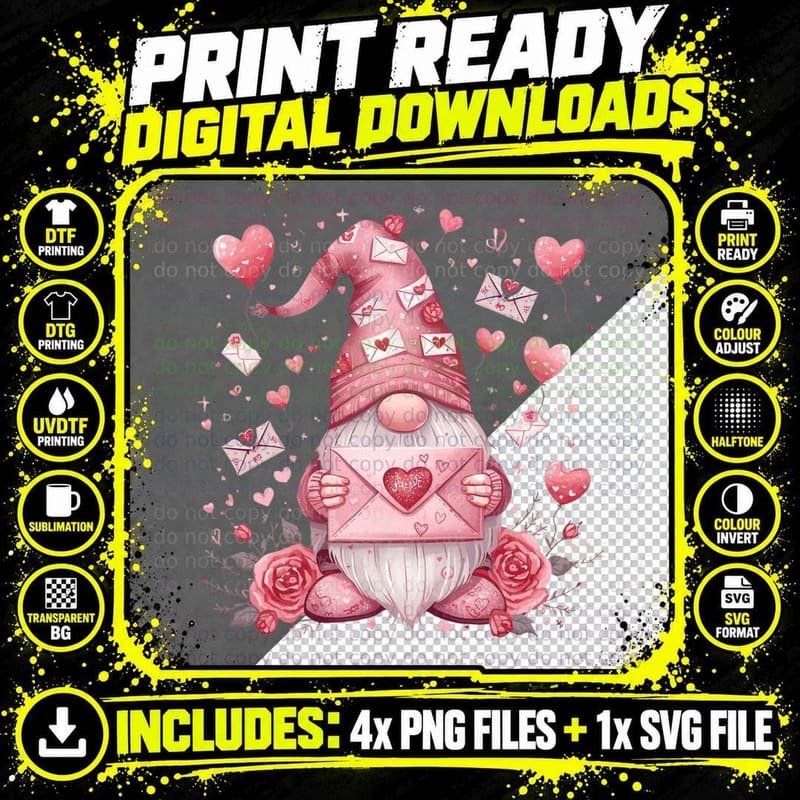 Mail Gnome with Heart Envelope Valentine T-Shirt Png SVG Digital Bundle