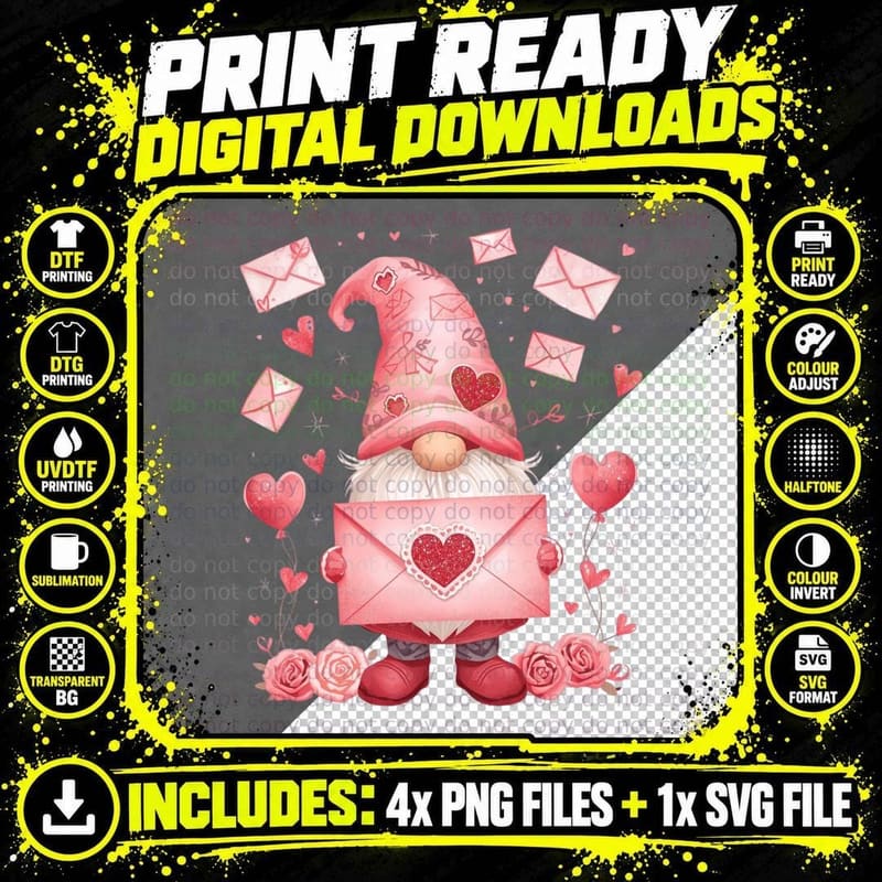 Mail Gnome with Letter Hearts Valentine T-Shirt Png SVG Digital Bundle