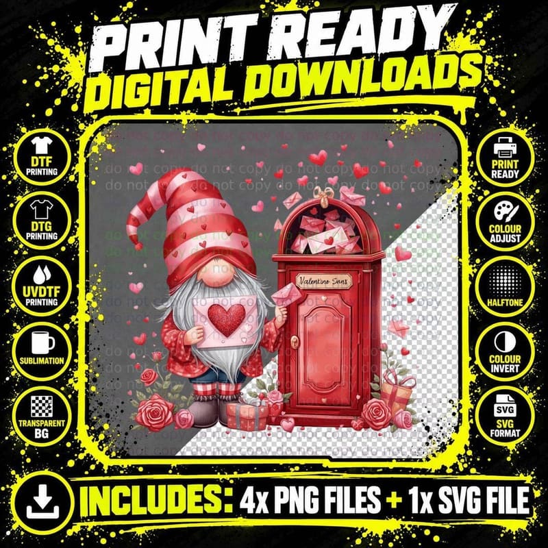 Mailbox Gnome Valentine Souls Red Heart T-Shirt Png SVG Digital Bundle