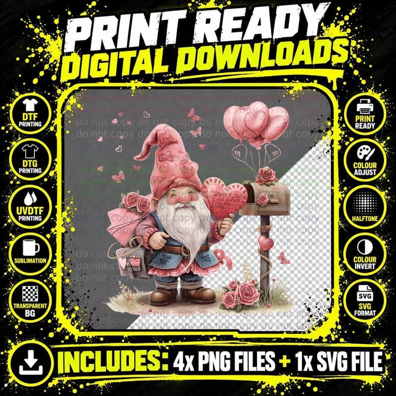 Mailbox Gnome with Hearts Valentine T-Shirt Png SVG Digital Bundle